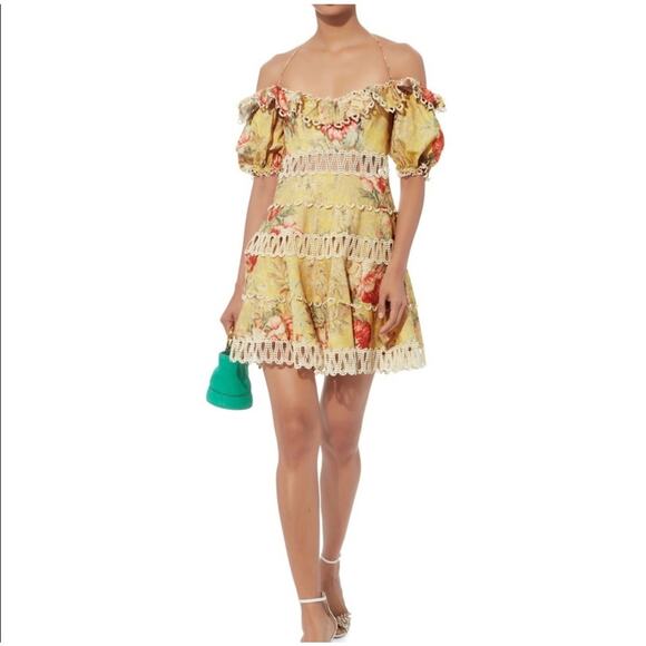 Zimmermann Melody Off Shoulder Mini Dress Yellow Floral (1) Size 6 Flirty Linen - Picture 11 of 13